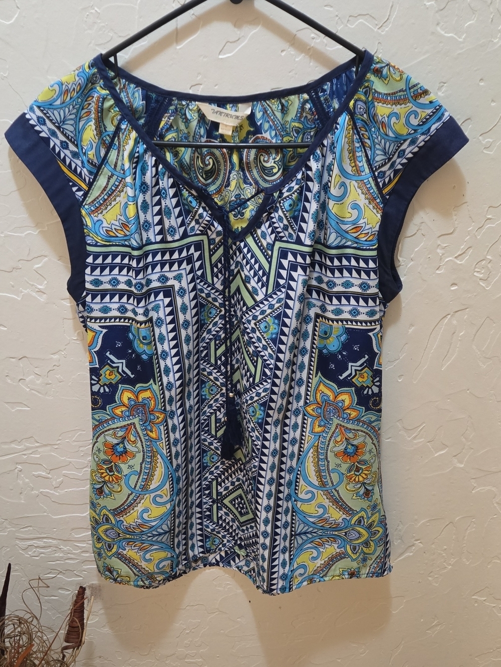 Tantrums Navy Paisley-Print Cap Sleeve Camisole with Tassel Tie